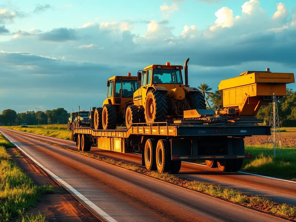 Prancha transportando trator e equipamentos agrícolas