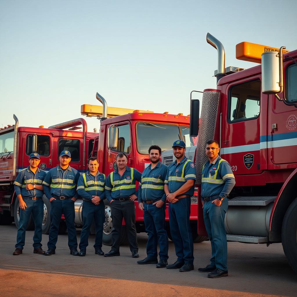Equipe da Ribeiro ao lado dos caminhões guincho no pátio da empresa